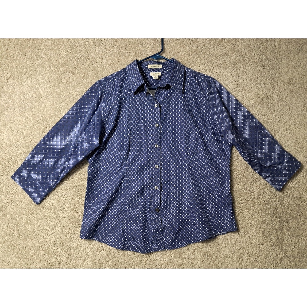 L.L.Bean Button Down Shirt Womens MP Blue Polka Dot Wrinkle Free 3/4 Sleeve